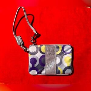 EUC COACH Silver Leather & White Satin w/ Colorful Logo